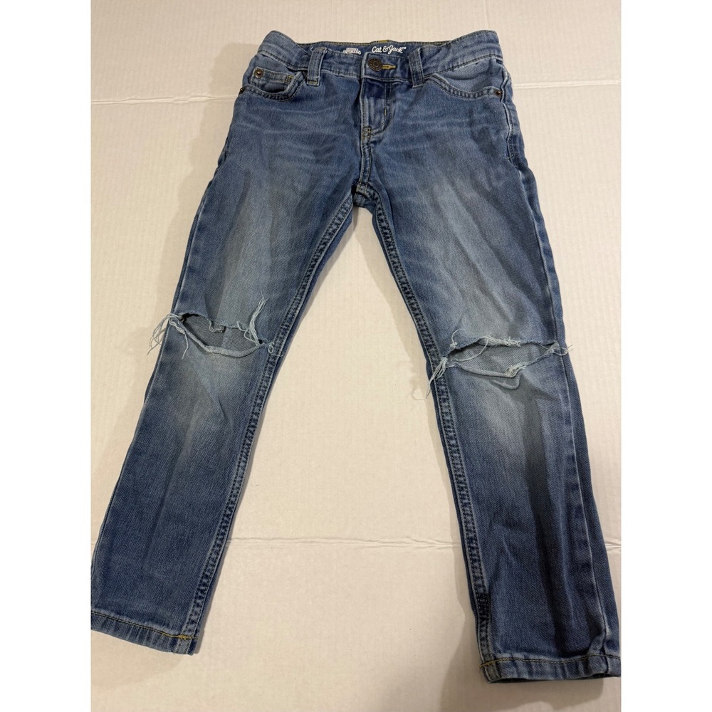 Cat & Jack Boys Skinny Jeans Blue Stretch Distressed Ripped Size 5
